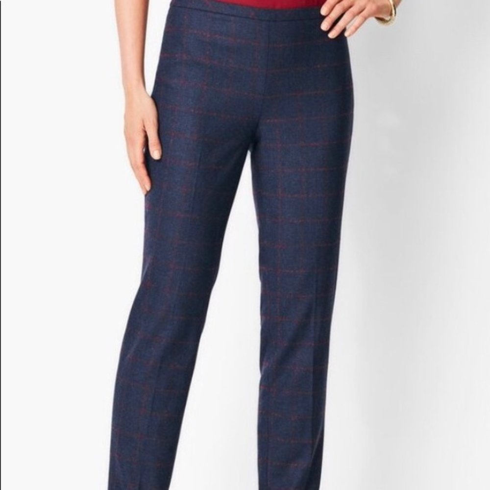 Talbots Pants Size 14 Navy Wool Blend Windowpane Slim-leg NWT